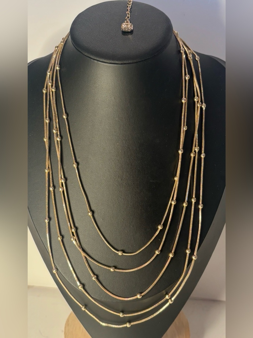 Vintage Monet 5 Strand Gold‎ Tone Snake Chain Bead Necklace 30” Layered